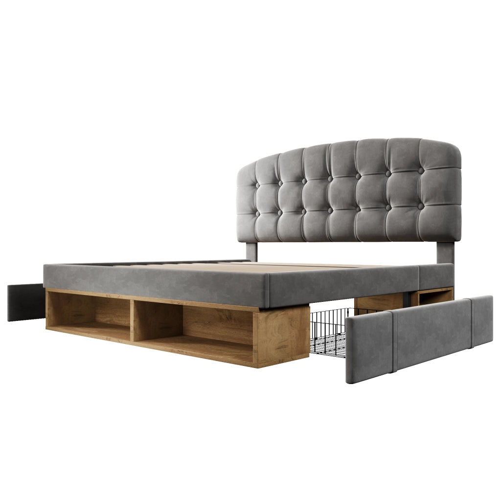Letto matrimoniale 140x190 cm, rivestimento in velluto, testiera regolabile, 2 cassetti, grigio