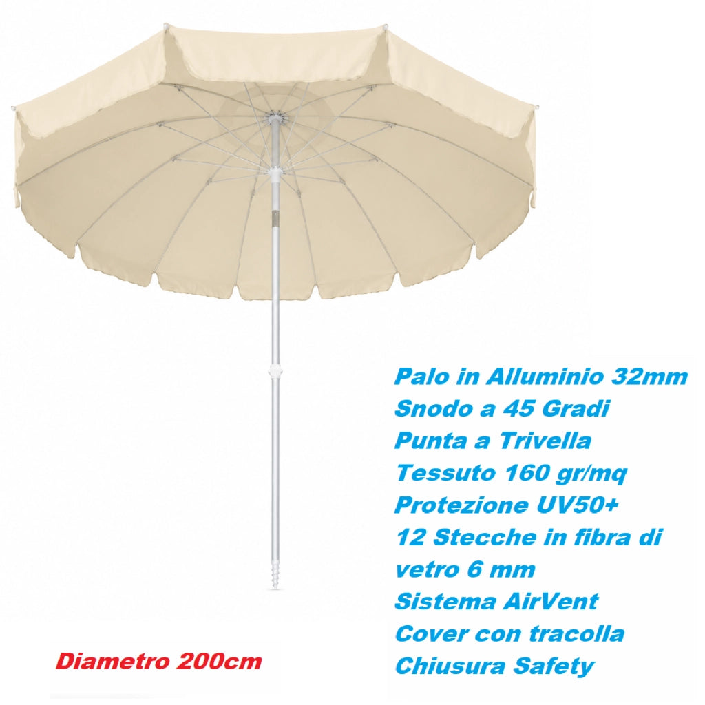 Ombrellone Mare Spiaggia 200 cm 12 Stecche Antivento Alluminio UV50+ Inclinabile Custodia