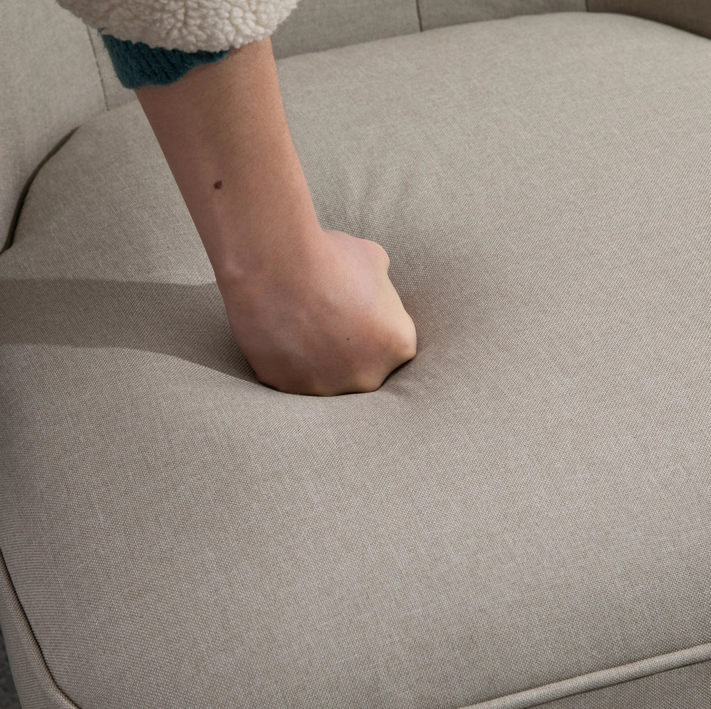 Poltrona vintage beige in lino con struttura in legno