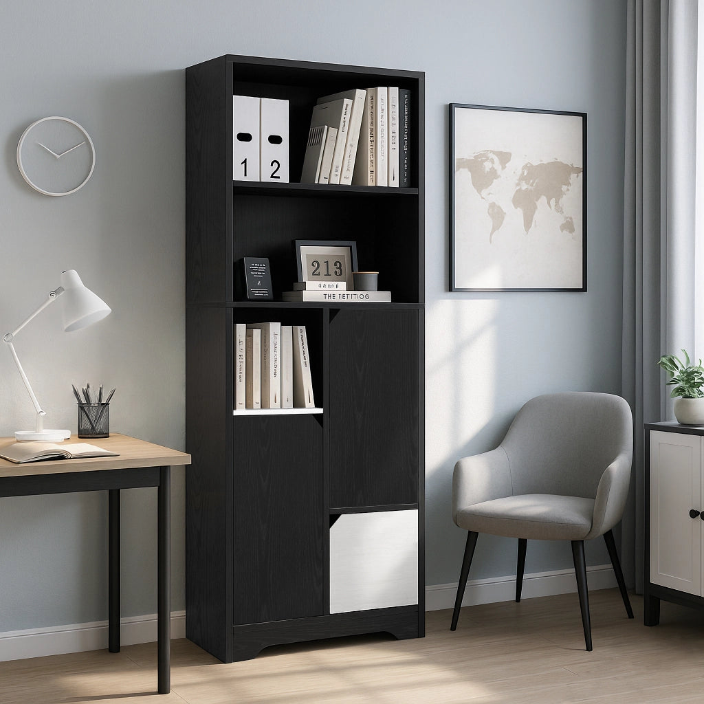 OKWISH Libreria con 2 Ripiani Aperti e 1 Anta, Mobile Contenitore Moderno, 60 x 35 x 160 cm, Nero