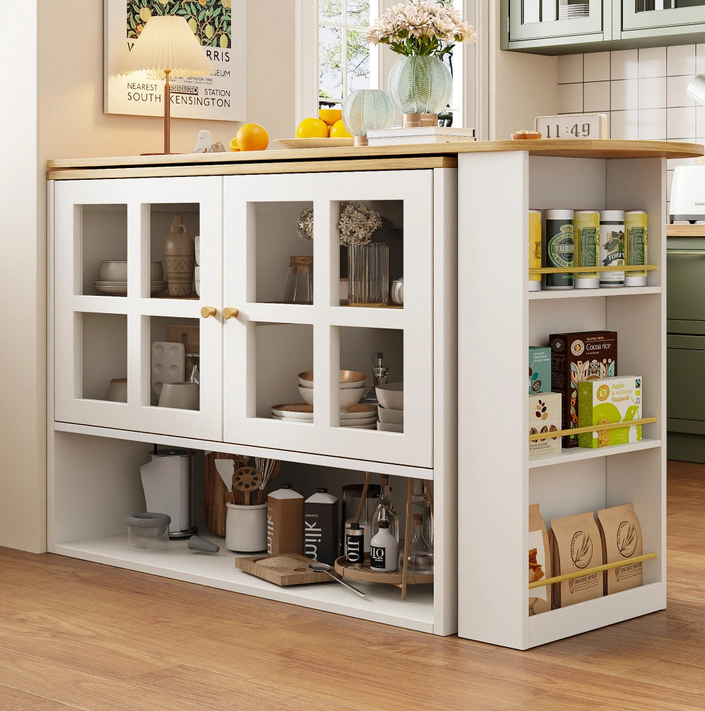 Credenza girevole 138-204x39x102.5 cm; con ante in vetro temperato; MDF bianco