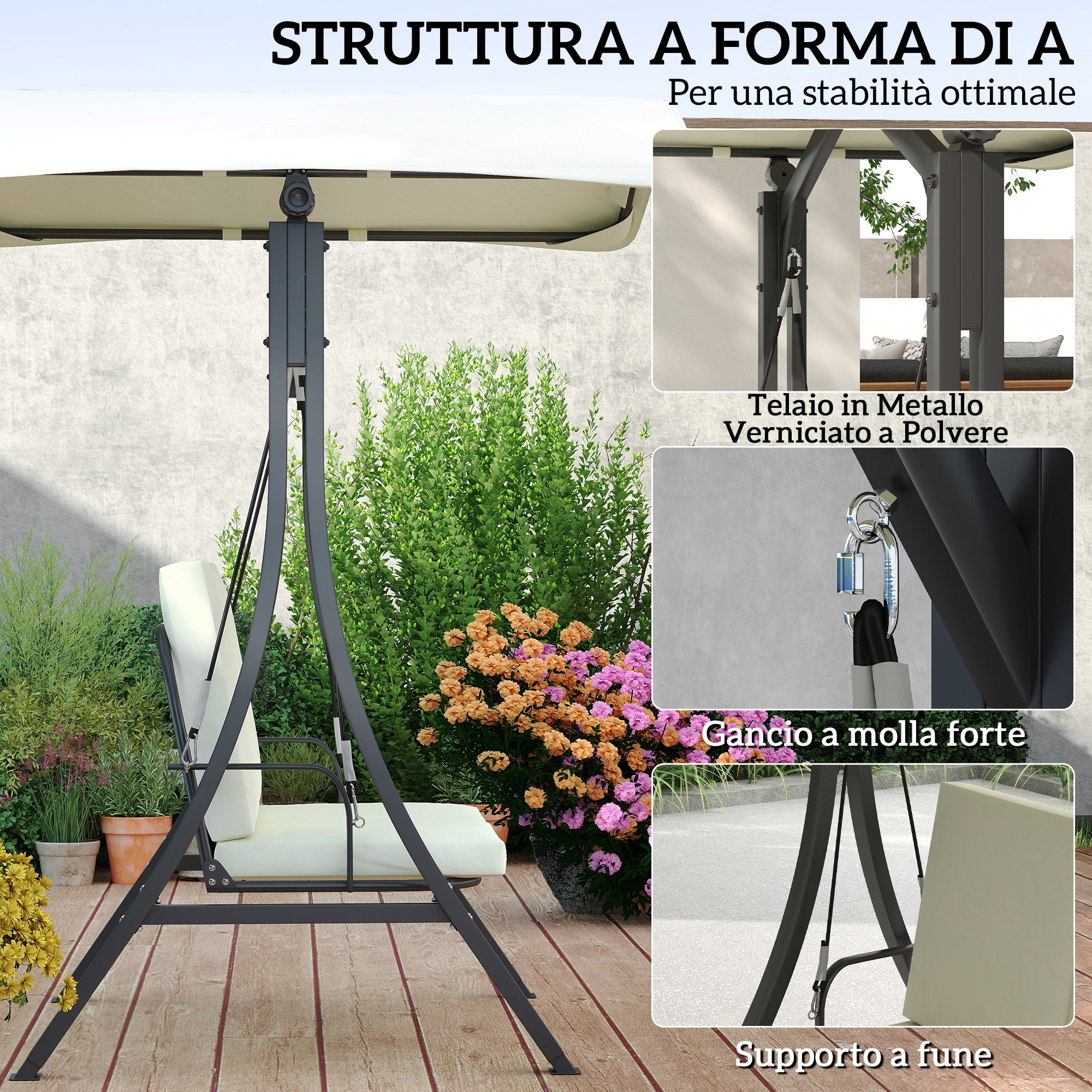 Dondolo da Giardino 2 Posti 150x120x182 cm con Tettuccio Regolabile Crema