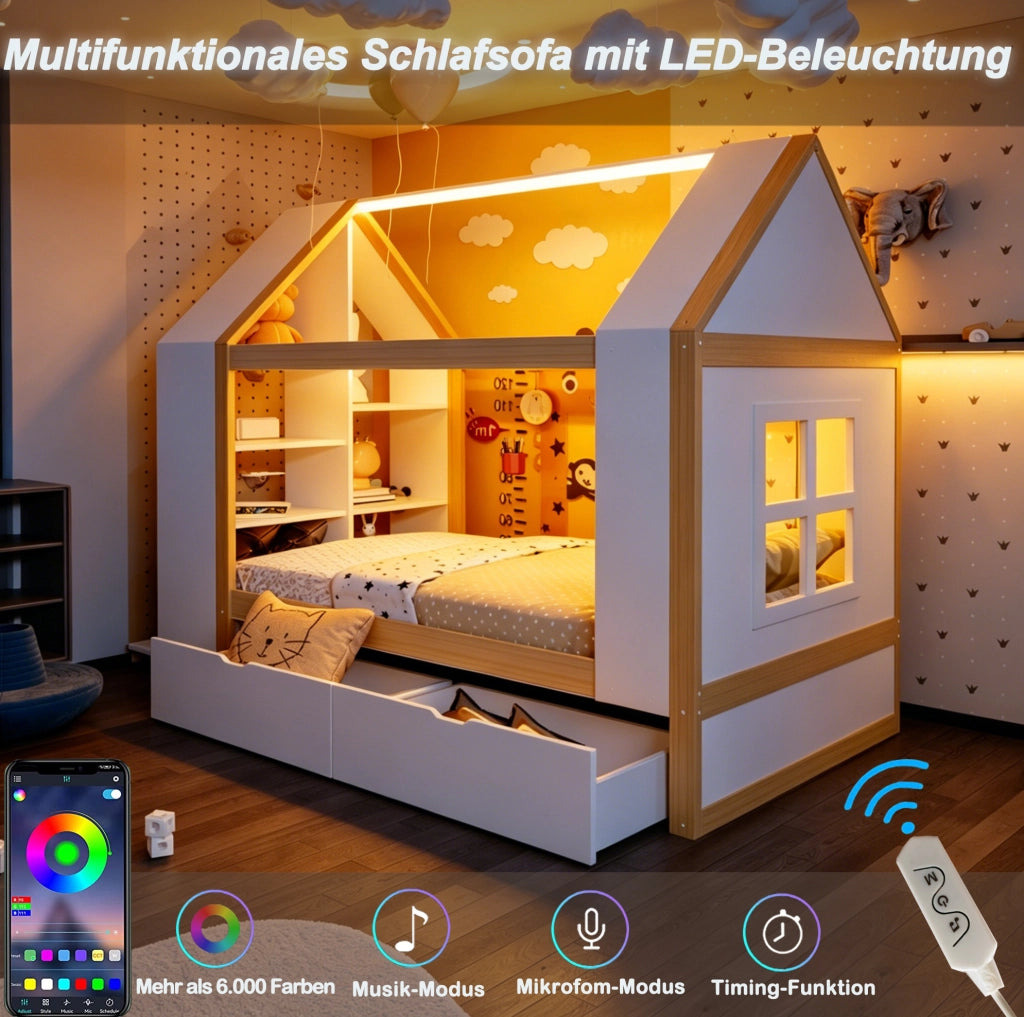 Letto bambini a forma di casa 90x200 cm con LED; 2 cassetti; in legno massello e MDF; bianco e naturale