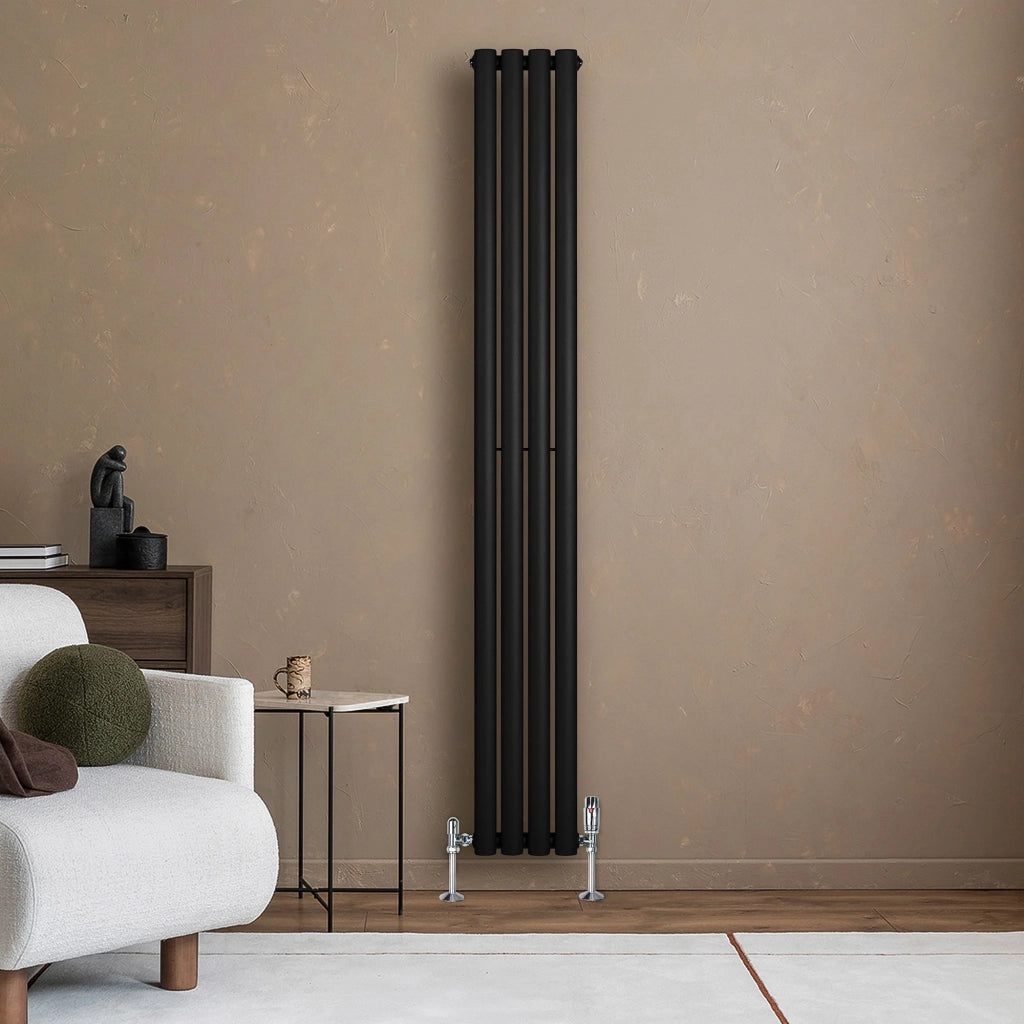 Radiatore Verticale Ovale 1800x240mm Nero con Valvole TRV