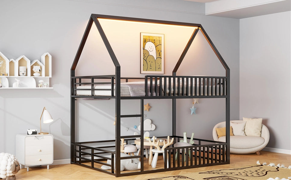 Letto a castello a forma di casa 140x200 con ringhiera e luci LED, nero