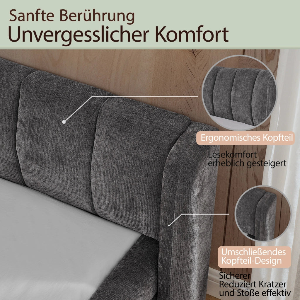 Letto matrimoniale 140 × 200 cm con testiera imbottita, senza materasso, in ciniglia, grigio scuro