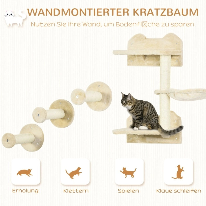 Set parete per gatti ULEVR 4 pezzi con 3 gradini, tiragraffi con amaca e piattaforma, beige