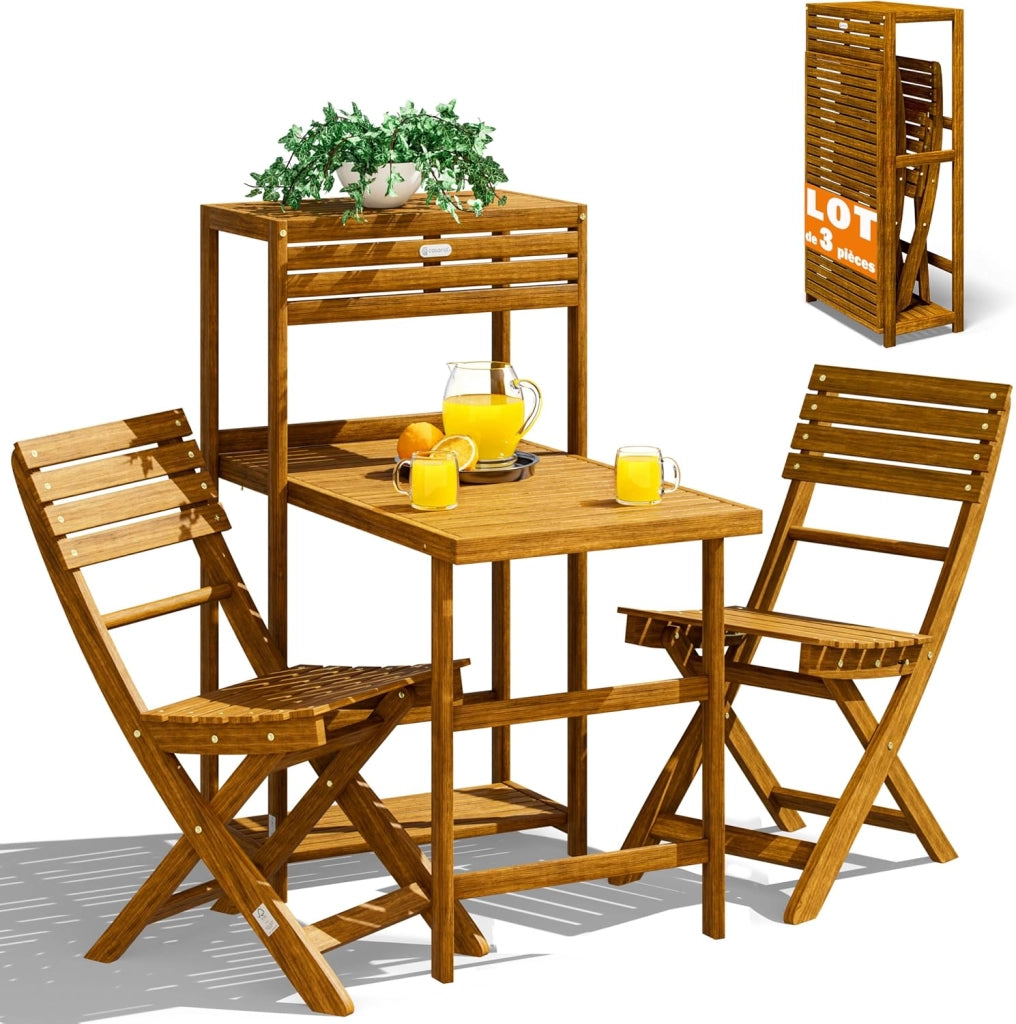 ® Set da balcone per 2 persone, resistente alle intemperie, pieghevole, in legno, 160 kg, con certificazione FSC®, 95 x 117 cm, 3 pezzi, colore marrone