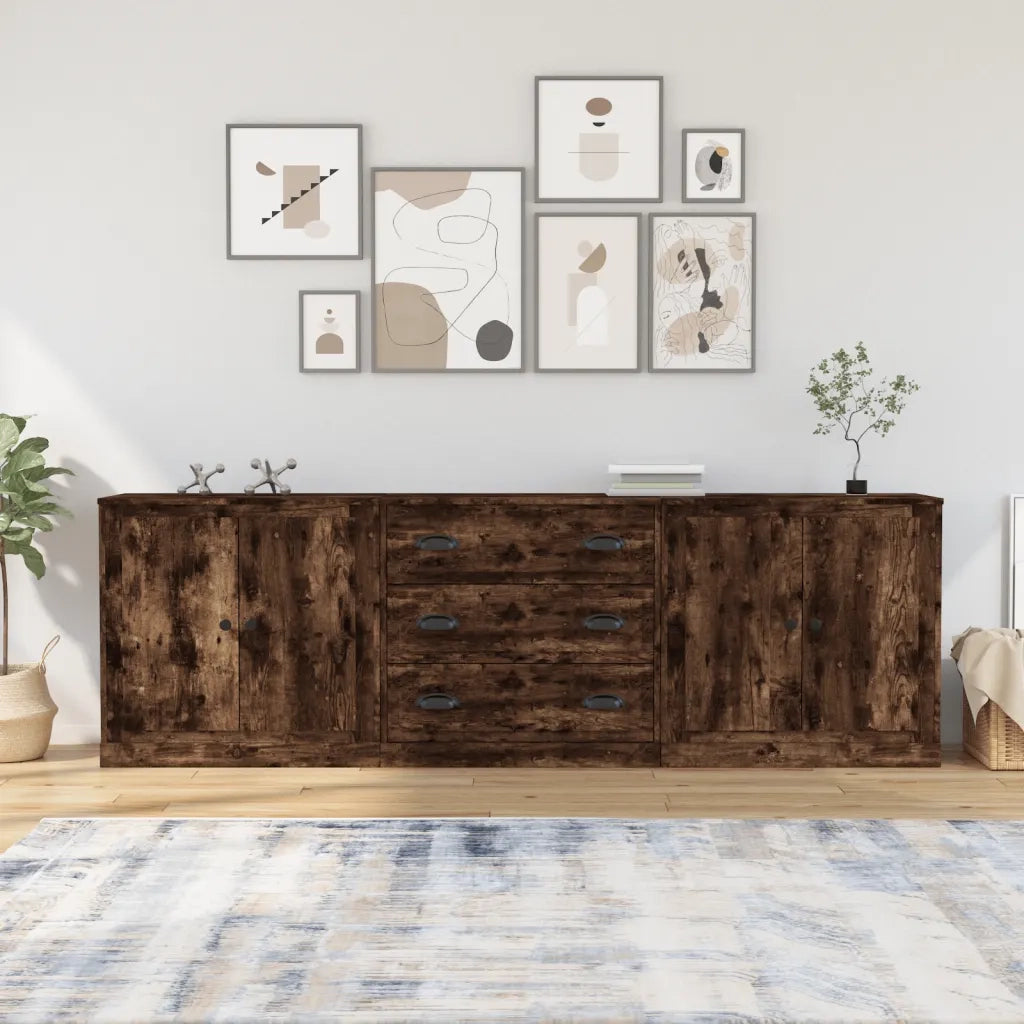 Credenze 3 pz | Madia | Buffet da pranzo | Armadio da pranzo Rovere Fumo in Legno Multistrato