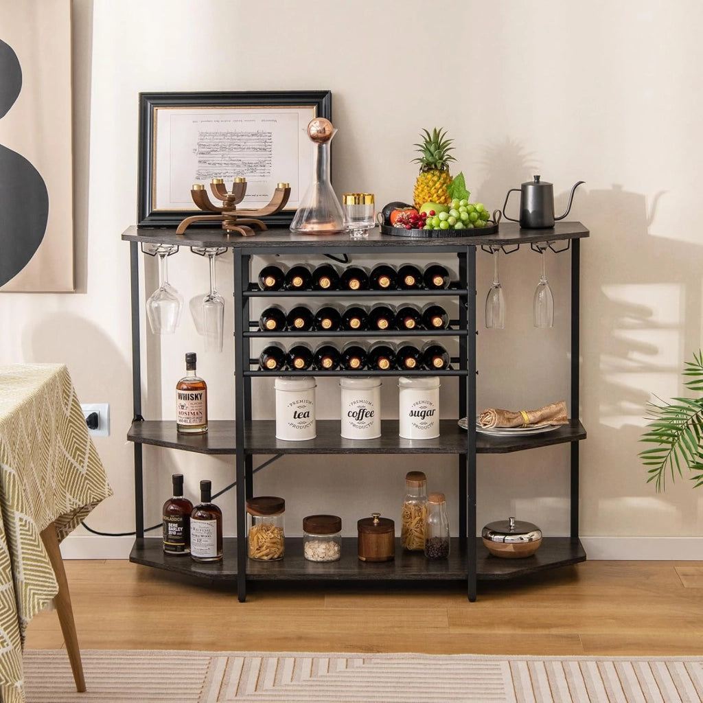 Credenza con portabottiglie per 21 bottiglie, Tavolo da cucina stretto con 2 porte USB e 2 prese, Portabottiglie a 3 livelli con portabicchieri, Tavolo portavino industriale Armadietto per