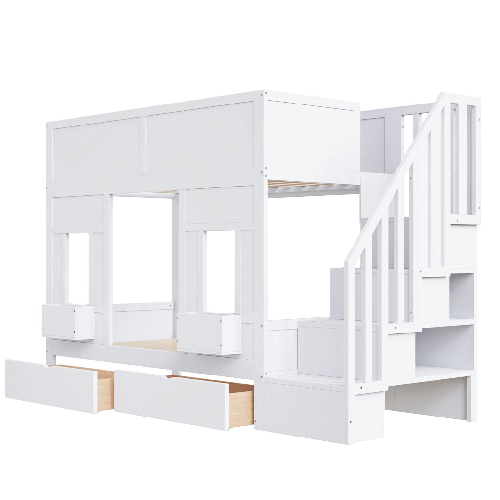 Letto a castello per bambini 90x200 con scale e cassetti; letto a soppalco con finestre; legno; corrimano di sicurezza; risparmio spazio per i bambini