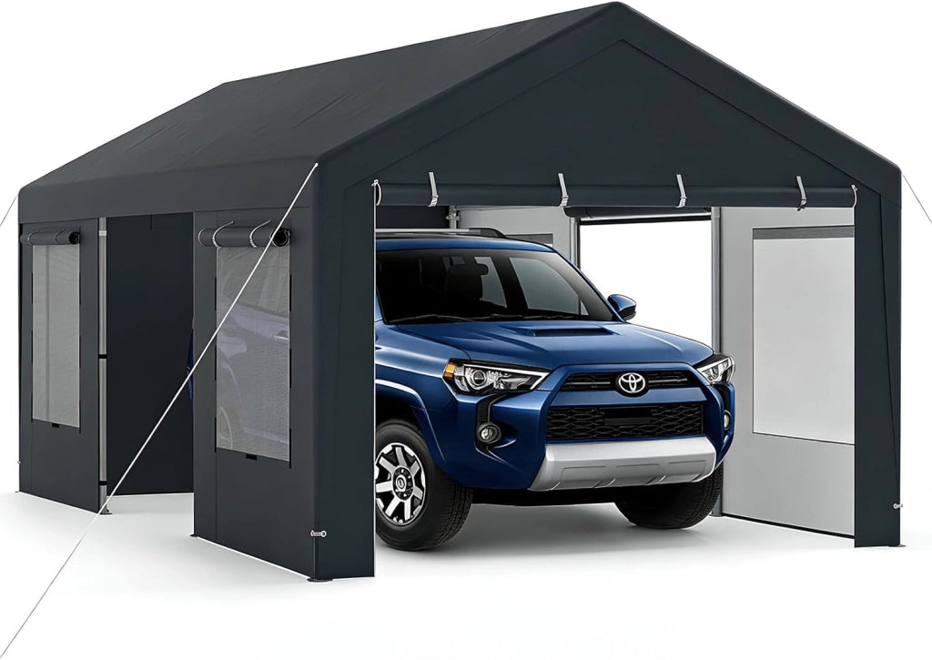 Tenda Garage Auto Esterno, Tettoia per Auto con Telaio in Metallo, Copertura in PE Resistente alle Intemperie, Capanno Giardino per Vehicolo, Bici, Moto, Attrezzi (Grigio, 305 x 586 x 280 cm)