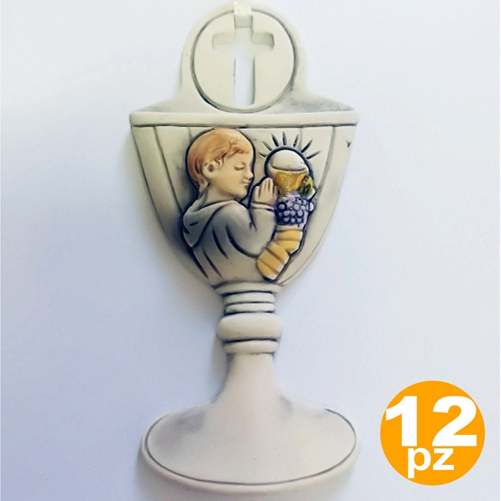 Trade Shop - Set 12 Bomboniere Comunione Bambino Calice Eucarestia Bianco Ceramica Appendino -