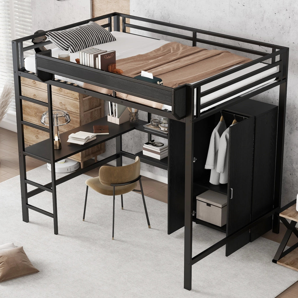 Letto a soppalco ULEVR 140x200 cm con scrivania, armadio integrato e ripiani, metallo e MDF nero