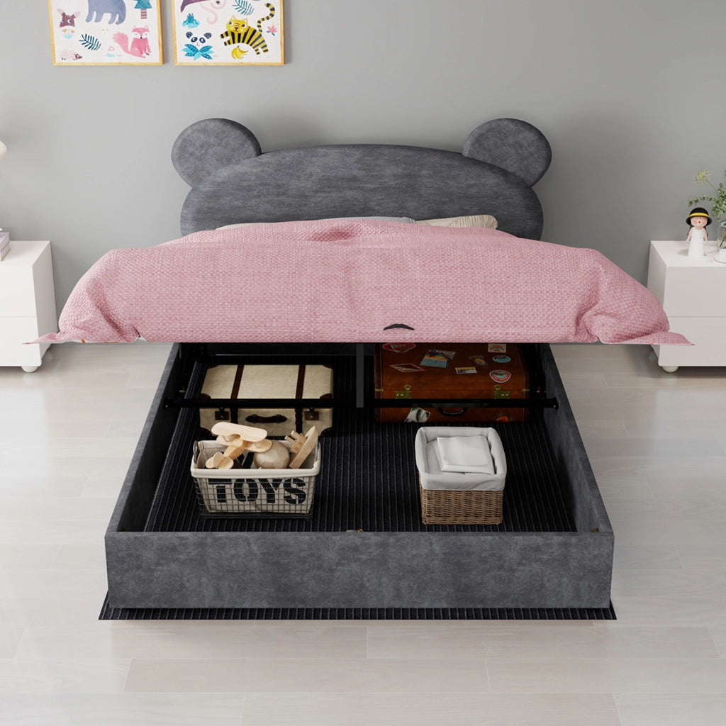 Letto contenitore 140 × 200 cm 2 posti con apertura pneumatica e testiera ludica, senza materasso, grigio