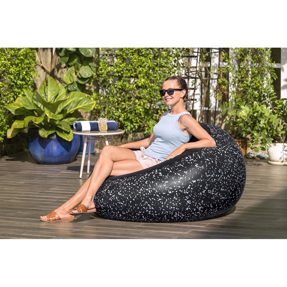 Trade Shop - Poltrona Pouf Gonfiabile 112x112x66cm Superficie Vellutata Design Macchiettato Casa Giardino - Nero