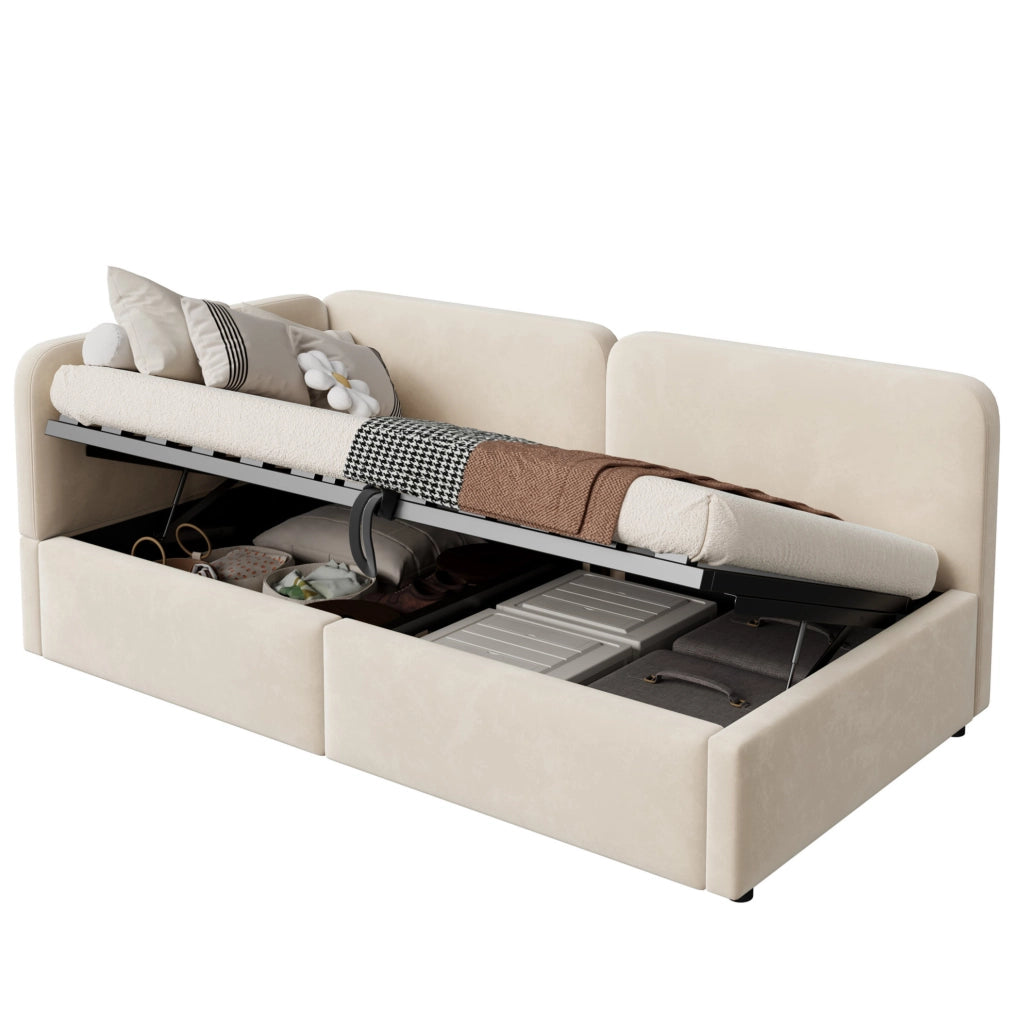 Divano letto imbottito 207x96x78 cm con spazio contenitore idraulico; tessuto beige