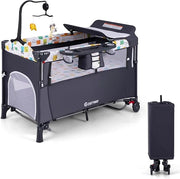 5 in 1 Lettino da Campeggio per Bambini, Lettino con Materasso per Neonato, Culla da Viaggio con Fasciatoio, Altezza Regolabile, Ruote con Freno, per Bambini 0-36 Mesi (Grigio)
