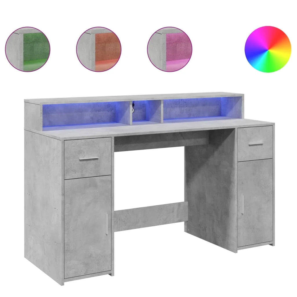 Scrivania tavolo postazione di lavoro mobile per computer scrivania da studio con luci a LED 140 x 55 x 91 cm legno ingegnerizzato grigio 02_0023799
