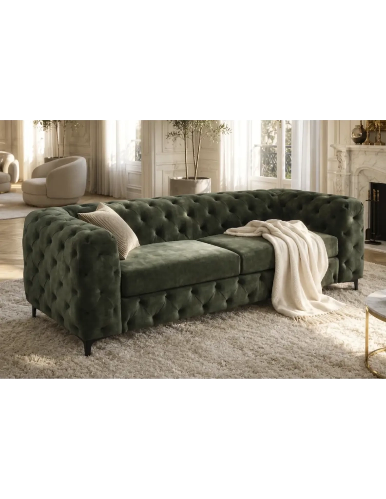 Divano dritto VELENA 3 posti in velluto capitonné - Verde scuro - 235 x 74 x 95 cm