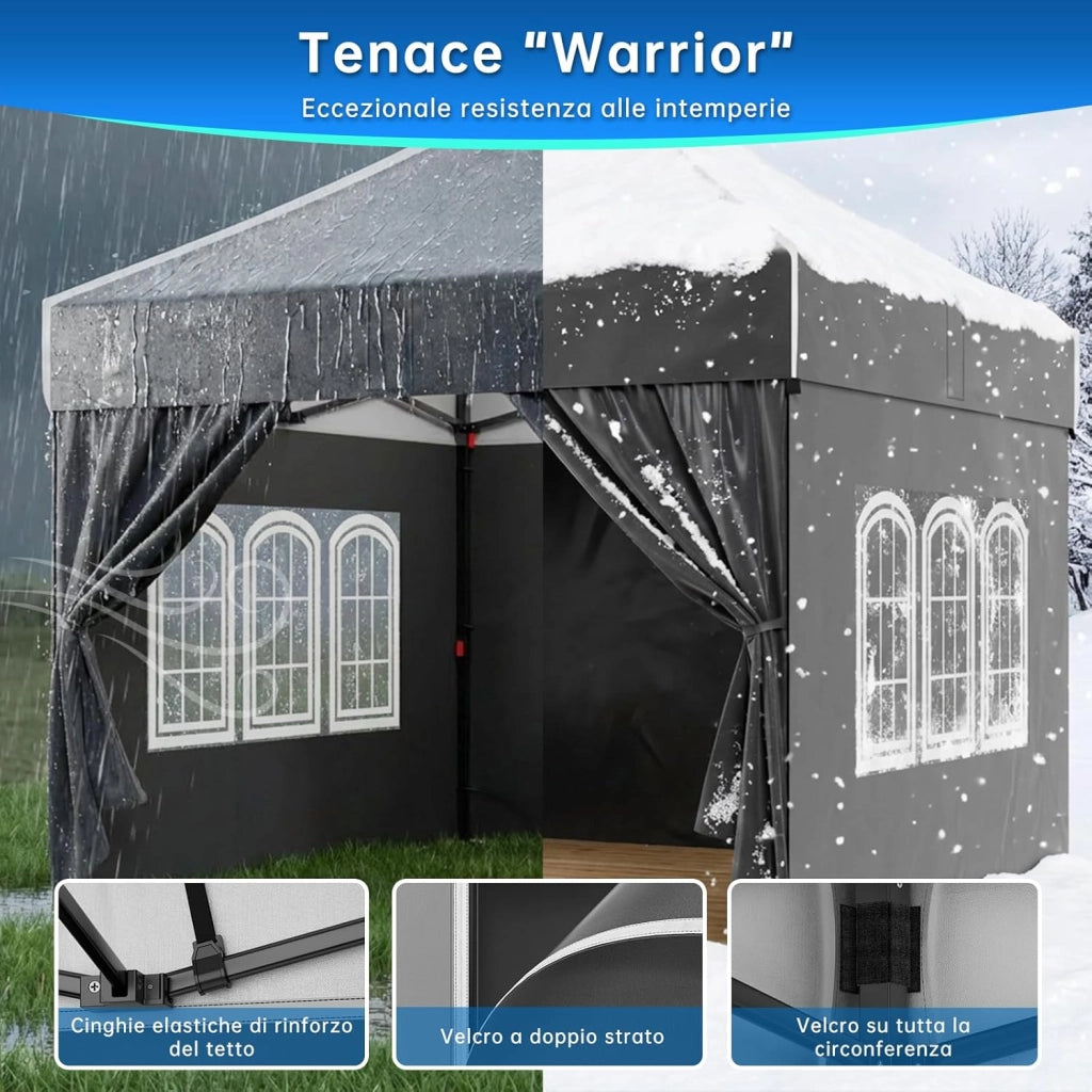 Gazebo 3 x 3 impermeabile, stabile, resistente all'inverno, altezza regolabile, gazebo pieghevole con 4 pareti laterali, protezione UV 50 +, per giardino, cortile, campeggio, gazebo nero