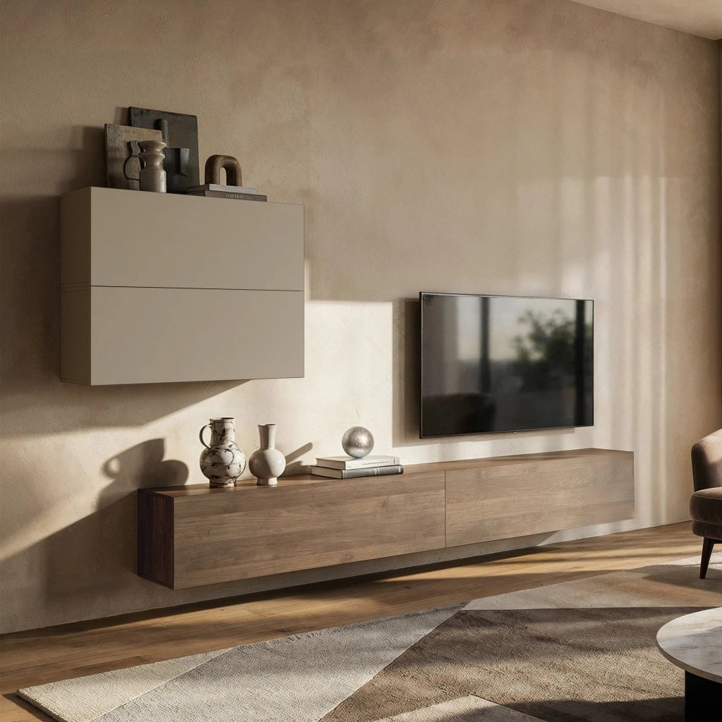 Mobile Soggiorno Suisio, Parete Attrezzata 4 Ripiani, Beige