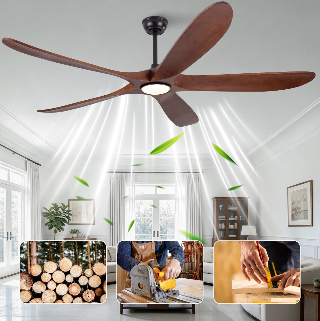 Ventilatore da soffitto con luce LED da 60 pollici; 5 pale in legno massello; noce e nero