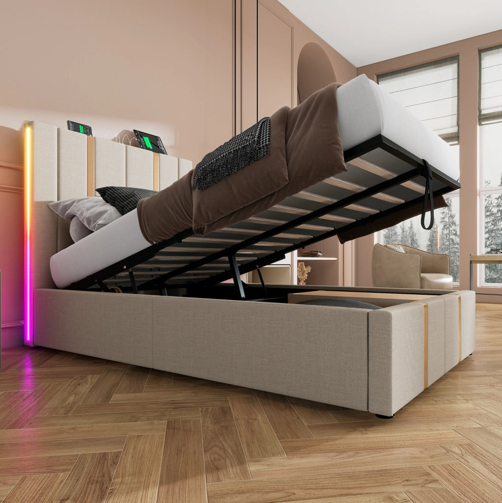 Letto imbottito 90x200 con materasso, LED RGB, USB Tipo C e contenitore