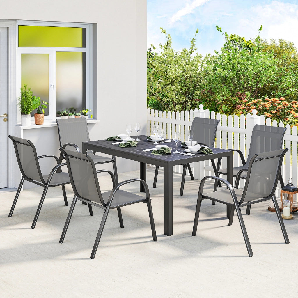 Set 7 Pezzi da Esterno con Tavolo Rettangolare in Acciaio e 6 Sedie Impilabili in Texteline Grigio Chiaro
