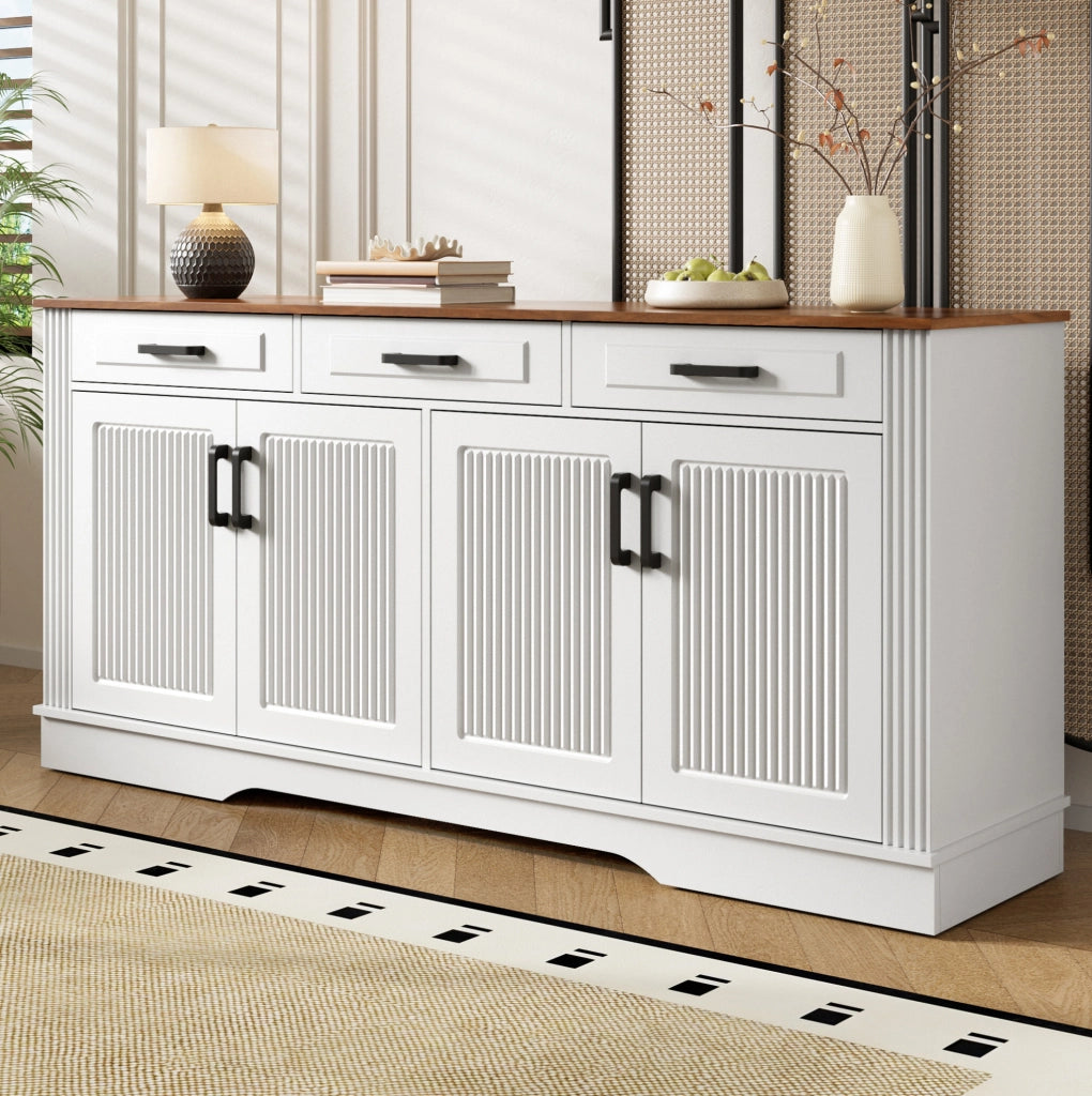 Sideboard moderno con 4 porte bugnate; 3 cassetti; 160x40x75 cm; MDF bianco