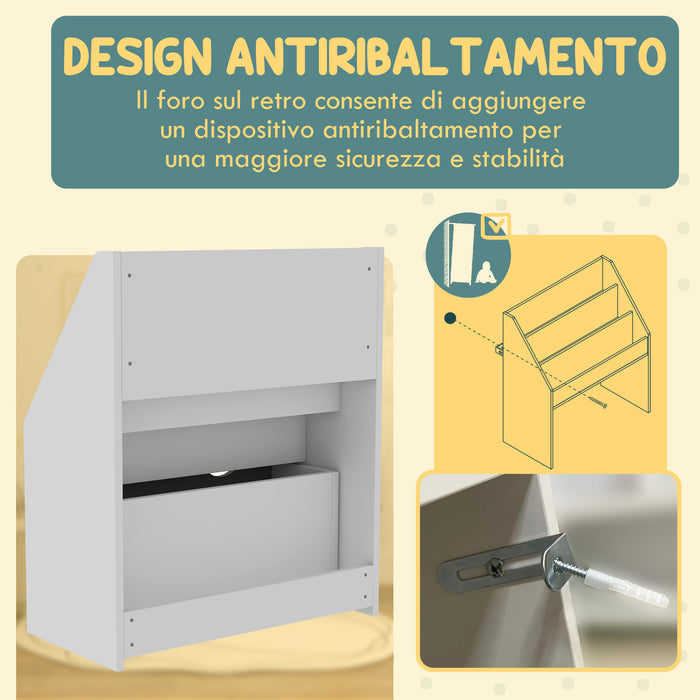 Libreria per Bambini 3-8 Anni 62.5x30x70 cm a 3 Ripiani con Cassetto Inferiore in MDF Grigio