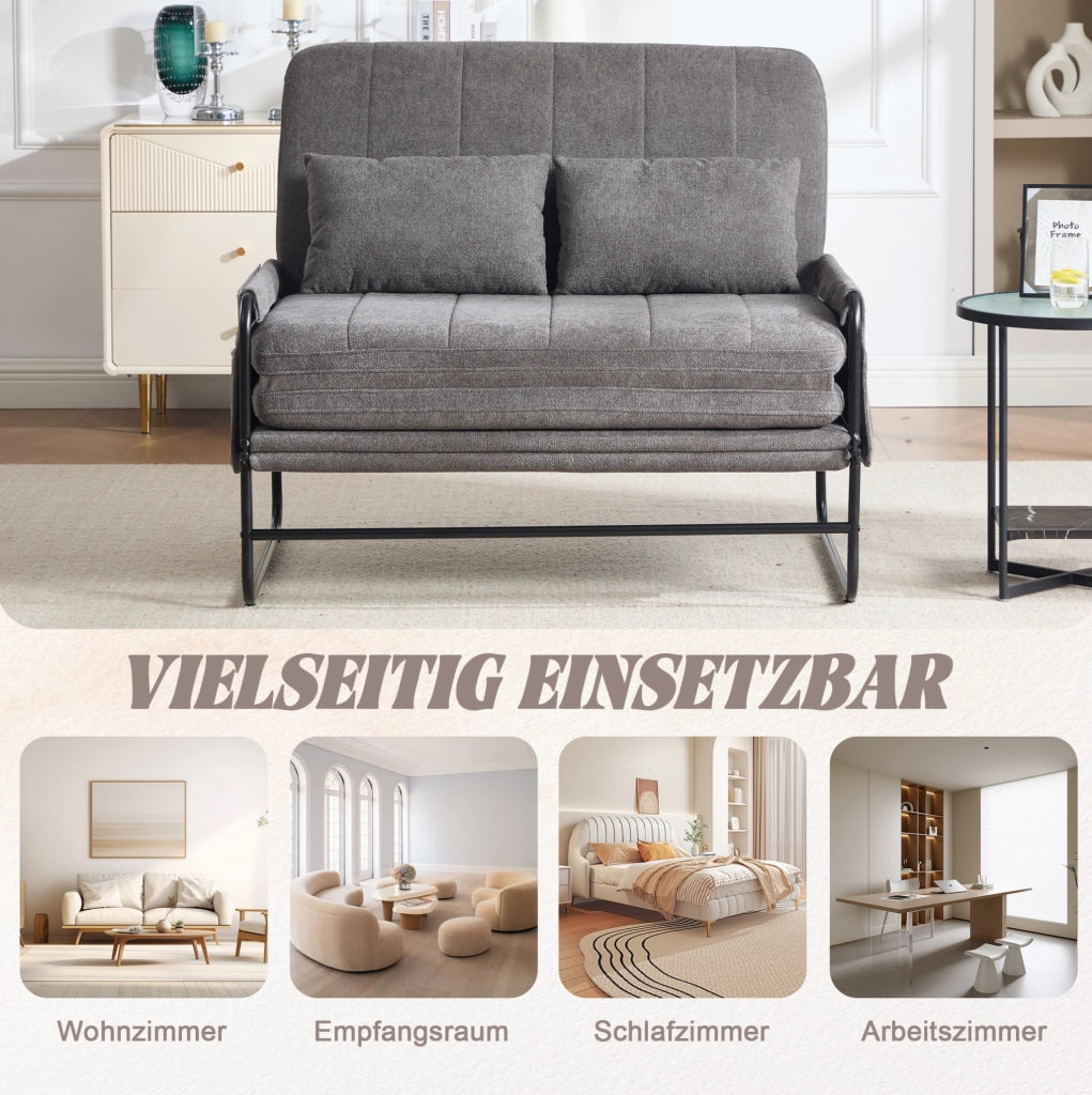 Divano letto 2 posti convertibile con struttura in metallo; chenille grigio; 104x85x92 cm
