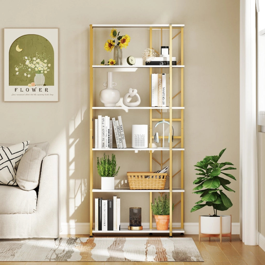 Libreria geometrica moderna con telaio in metallo da letto, Libreria a 6 ripiani con 2 kit antiribaltamento per soggiorno Bianco