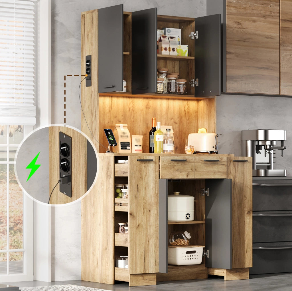 Credenza alta da cucina con LED RGB, prese e ripiani estraibili