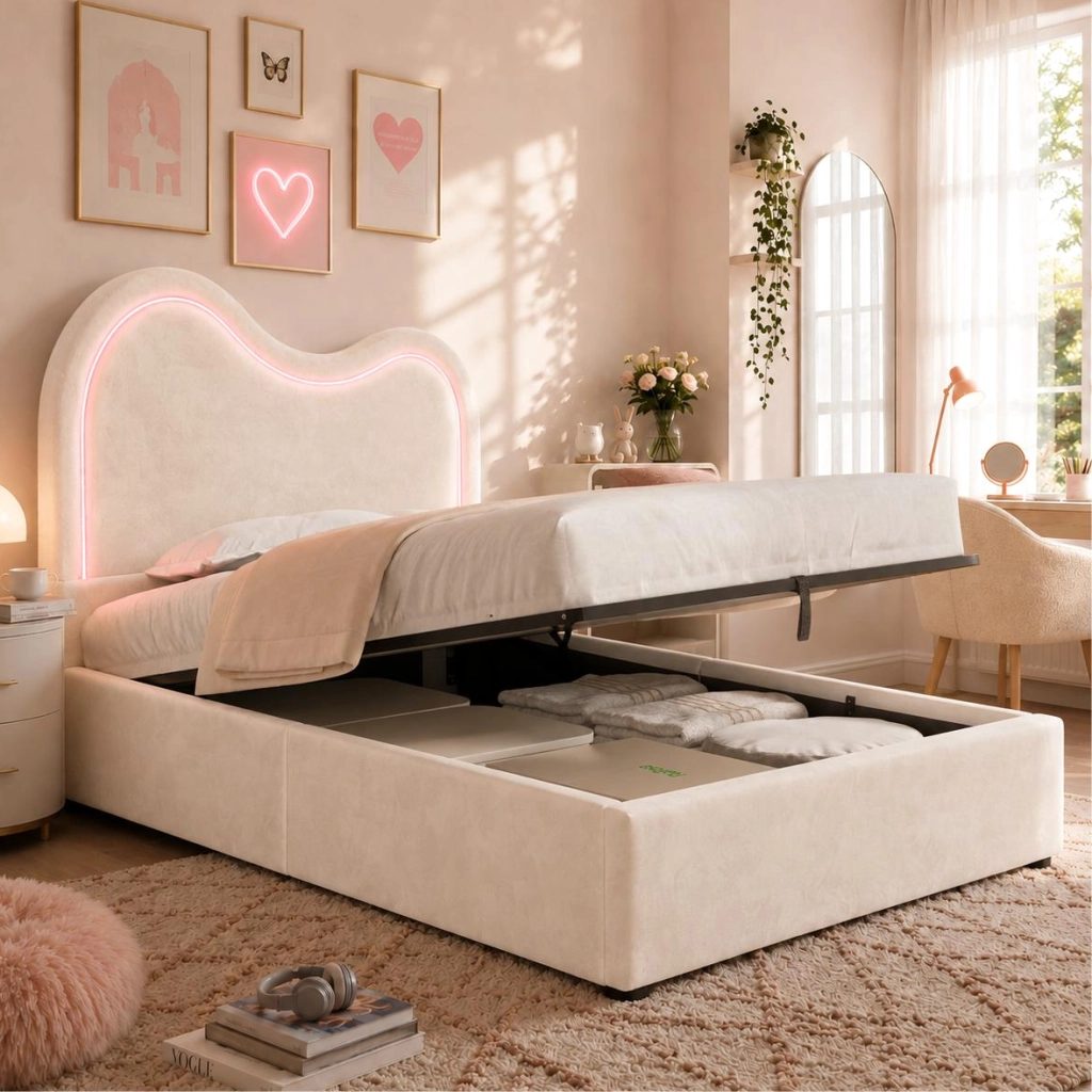 Letto singolo imbottito per bambini 90x200 cm con contenitore idraulico; rete a doghe e LED; beige
