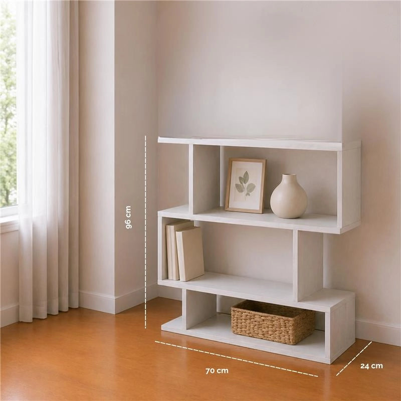 LIBRERIA CUBICA IN LEGNO BIANCO CON 3 RIPIANI SFALSATI DIMENSIONI  70X24X96 CM