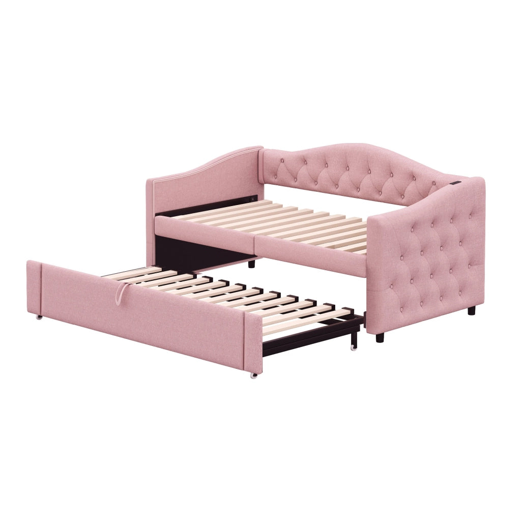 Letto divano estraibile 90 × 200 cm con USB et posto letto aggiuntivo, senza materasso, in tessuto, rosa