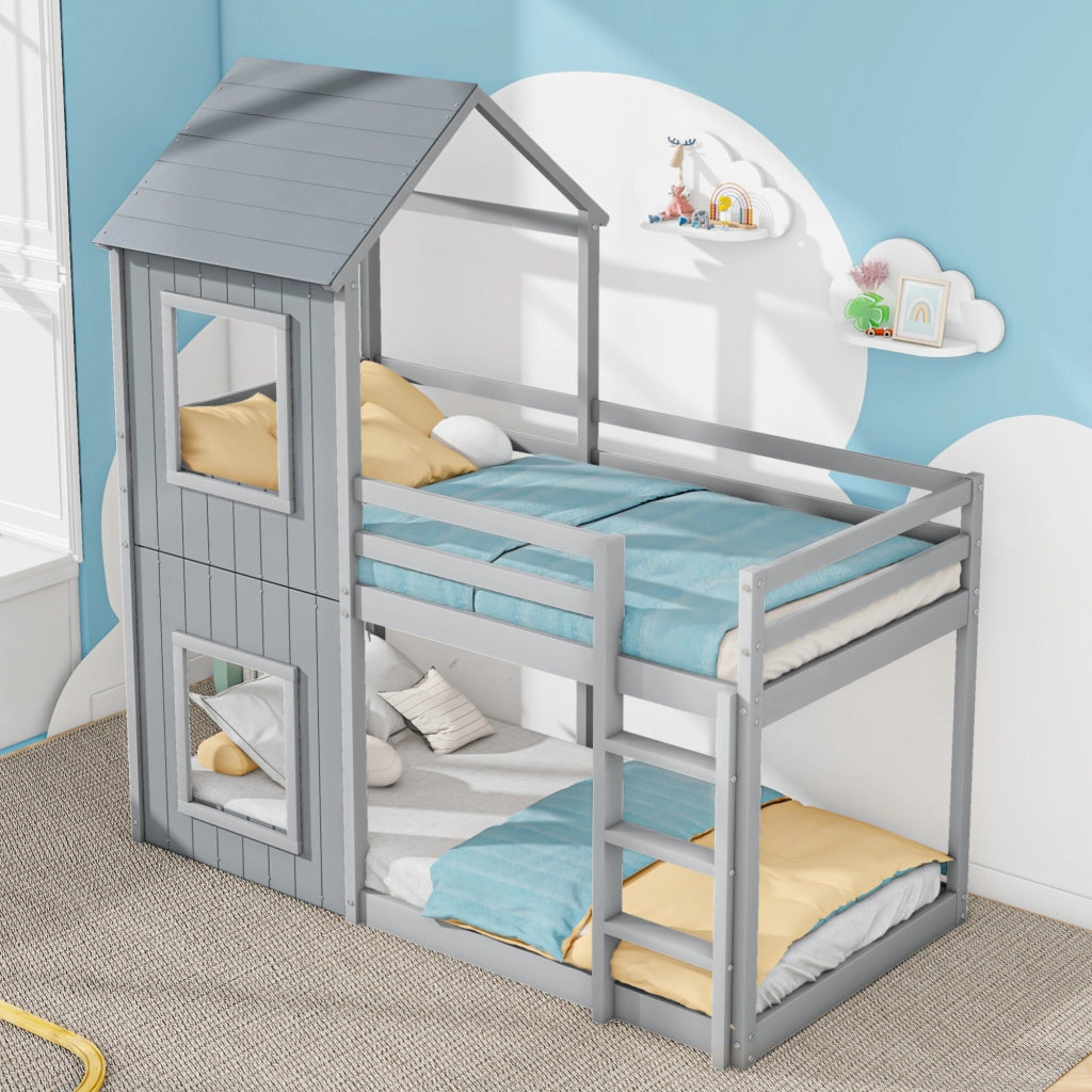Letto a castello funzionale in pino grigio 90x200 cm