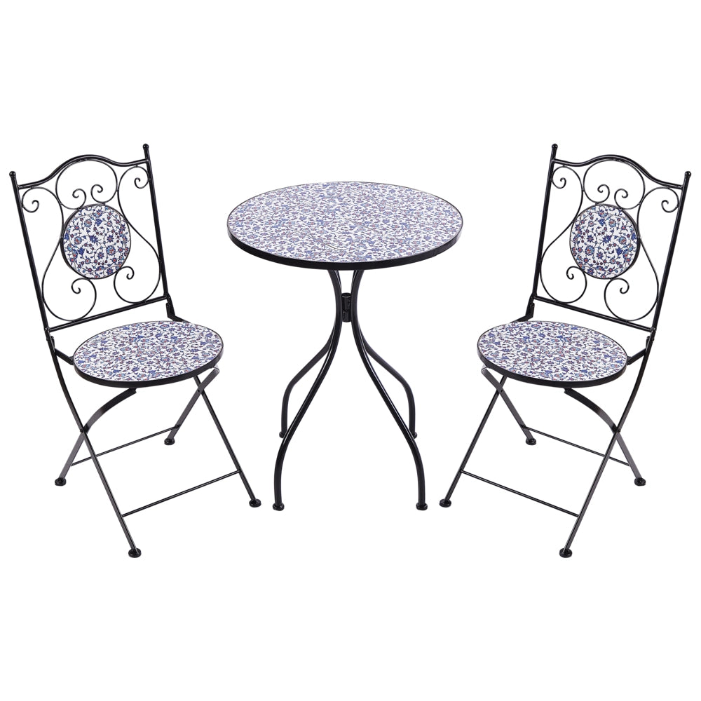 Set da bistrot da giardino in metallo nero con motivo a mosaico blu e telaio in ferro stile vintage