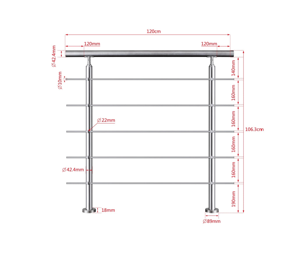 Balaustra Corrimano Ringhiera in acciaio inox 304 spazzolato 120x106cm per interni ed esterni 5 barre trasversali
