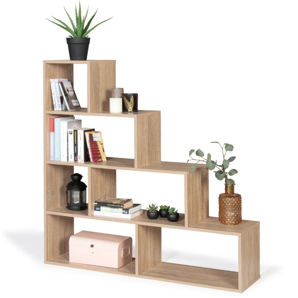 IDMarket - Scaffale a scala con 6 scomparti in legno look faggio LINA