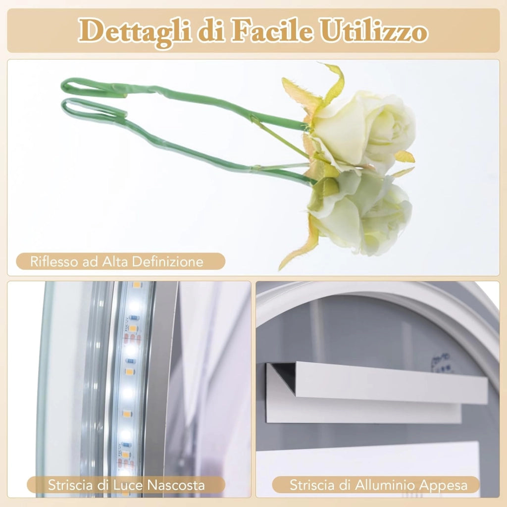 Specchio da Parete, Specchio IP44 da Bagno Arco Moderno 60 x 53 x 3 cm con Cornice in Alluminio, Luce Led Regolabile e Display per Sogiorno, Camera da Letto e Ingresso, Bianco
