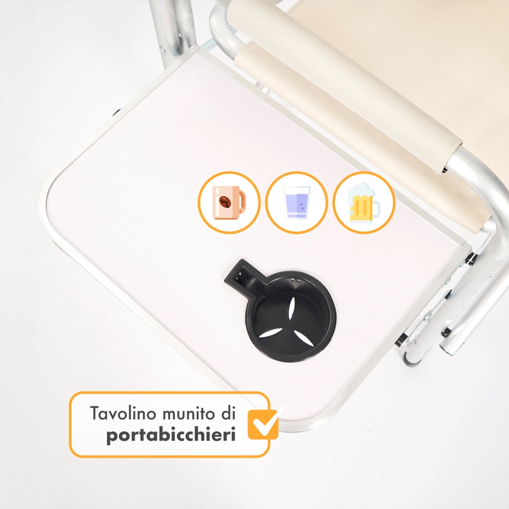 Sedia Sgabello Regista Poltrona Pieghevole In Alluminio Lavabile Leggera Lavabile Con Tavolino Porta Bibite Incluso Campeggio Mare Spiaggia Beige