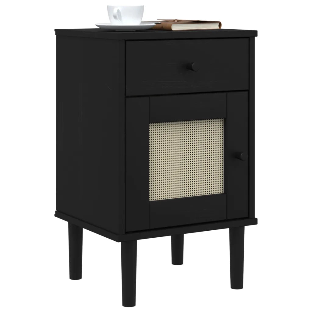 Comodino SENJA Aspetto Rattan Nero 40x35x65 cm in Legno Pino 358015