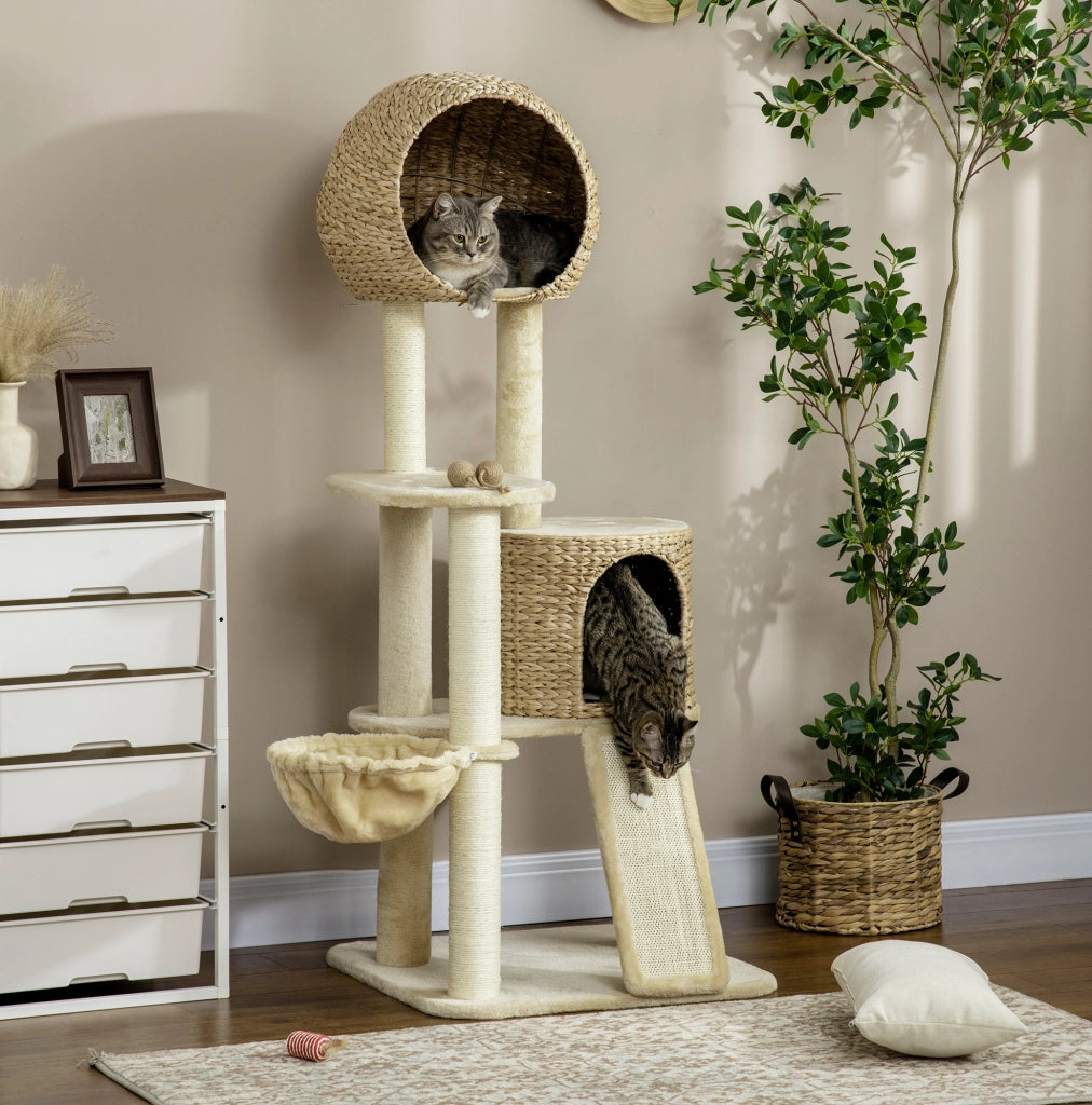 Tiragraffi per gatti beige con amaca, casetta e rampe