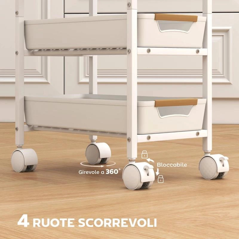 CARRELLO DA CUCINA A 5 LIVELLI CON 4 CESTI ESTRAIBILI, IN METALLO, PP E LEGNO, 39.5X24X82 CM, BIANCO E ROVERE