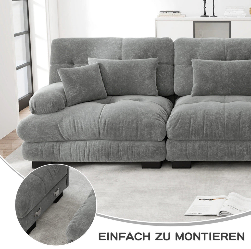 Divano modulare a U con ottomane mobili in chenille grigio; seduta profonda