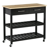 Carrello da Cucina con Ruote, 2 Ripiani, 2 Cassetti, Nero e Legno Naturale