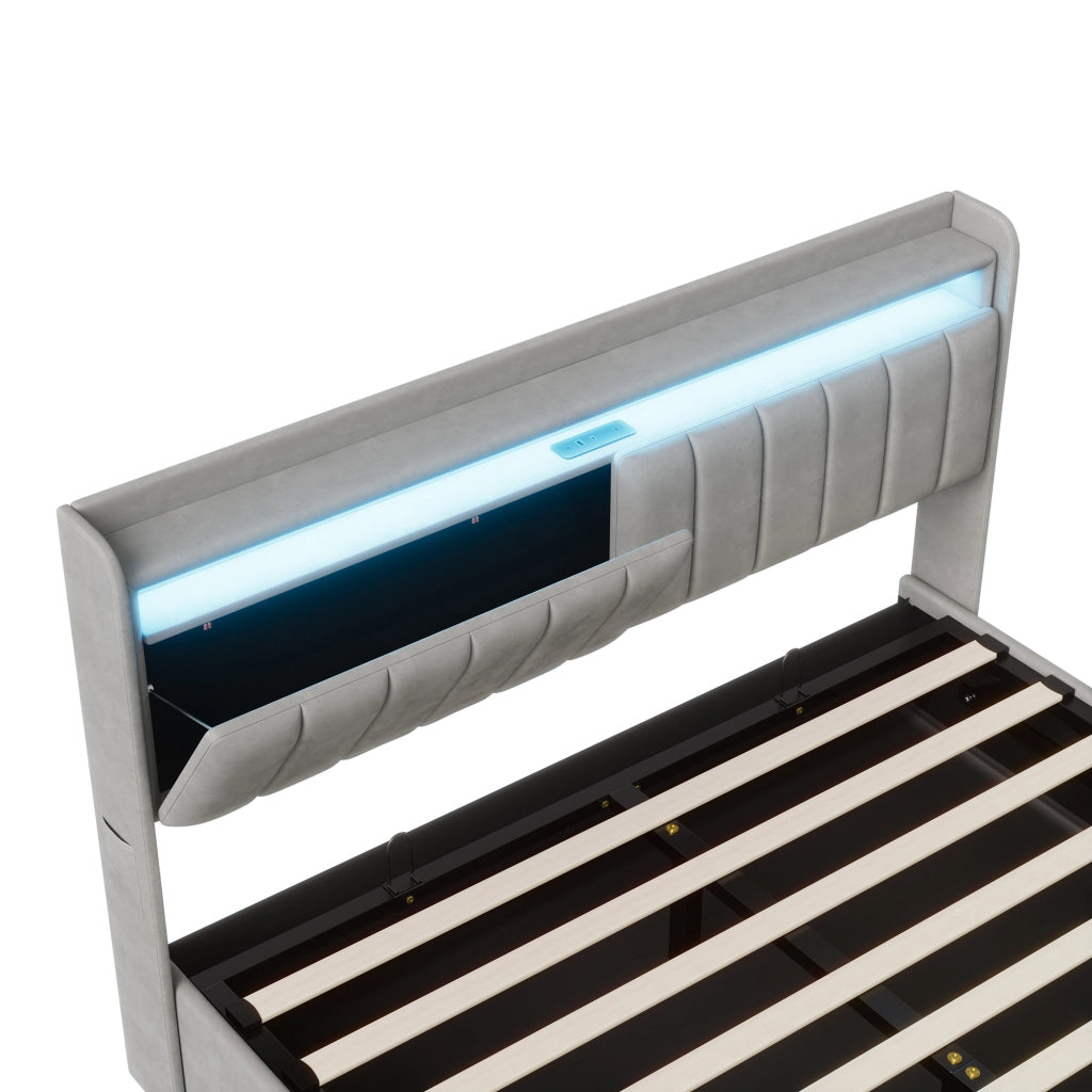 Letto matrimoniale 160x200 con contenitore; letto matrimoniale contenitore con testiera LED; struttura letto matrimoniale imbottita in velluto grigio