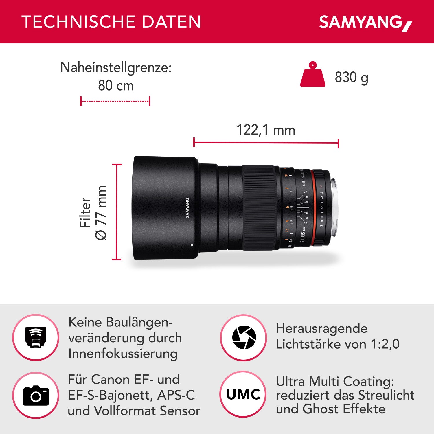 Teleobiettivo fotografico 135mm F2.0 per Canon EF – Full-frame e APS-C Obiettivo fisso con EF/EF-S Mount – Focus manuale – per EOS-1D X Mark III, 6D Mark II, 5D Mark IV